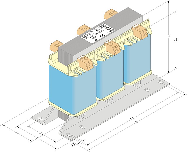 Three-phase transformers with small block terminals