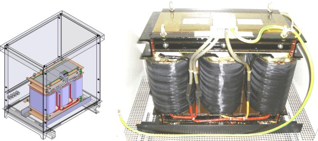 Three-phase transformer in a metal housing