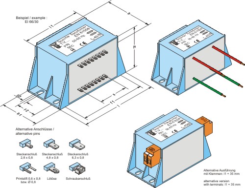 EI transformers with terminals or solder tags, potted, magnetic axis vertical