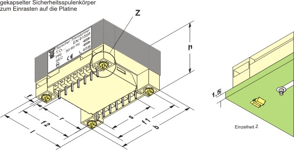 Safety insulated EI-printtransformers with snap-in mounting