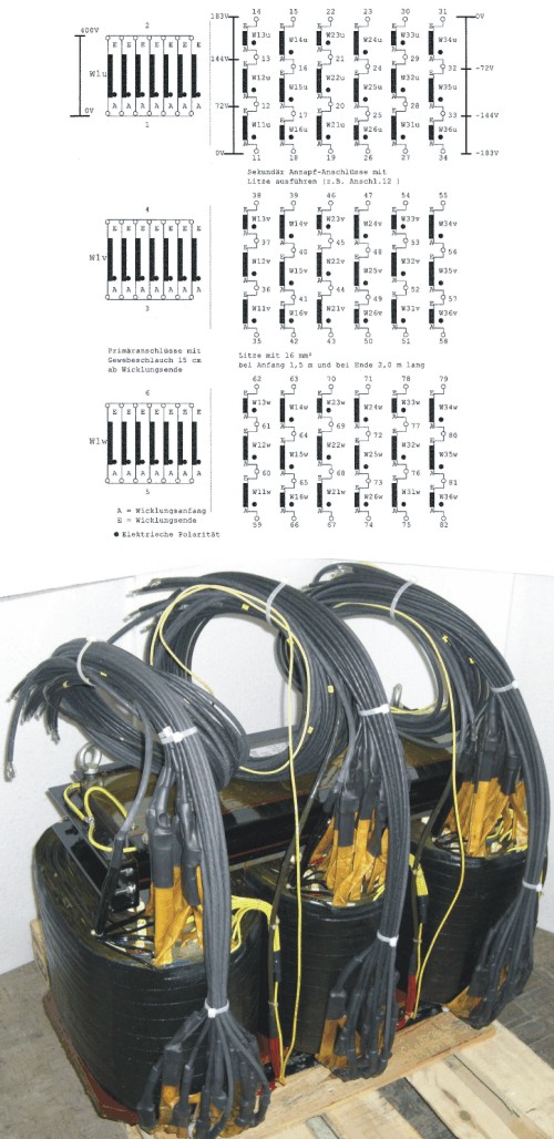 Three-phase transformer, test transformer