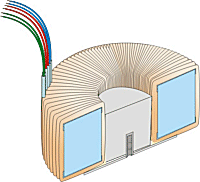 Open toroidal transformers with rest hole potting