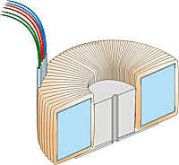 Open toroidal transformers with rest hole potting